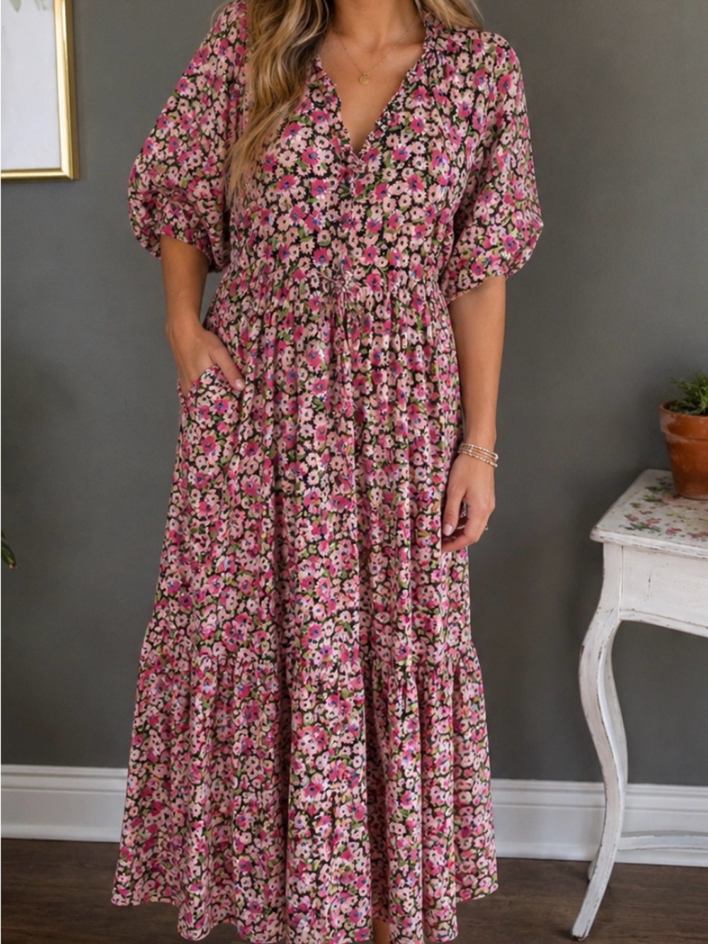 Banjanan Poppy Dress Flower Carpet Black Floral V-Neck Tiered Maxi Dress XL NWT